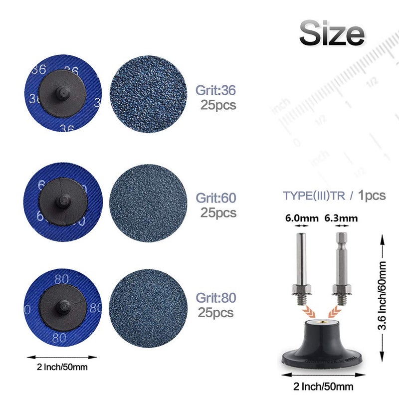NYXCL Miroku 75Pcs Mixup 2-inch Quick Change Discs Set, Zirconia Sanding Discs with 1/4" Holder, for Die Grinder Surface Prep Strip Grind Polish Finish Burr Rust Paint Removal - Image 2